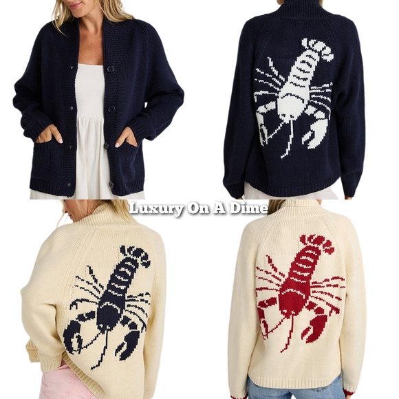 Contrasting Lobster Coastal Print Knit Cardigan Button Long Sleeve Patch Pocket - Picture 5 of 6